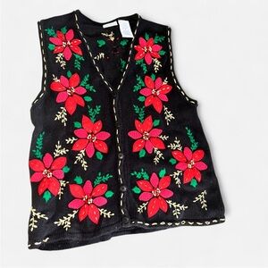 Bobbie Brooks Black Vest with Red and Green Embroidery